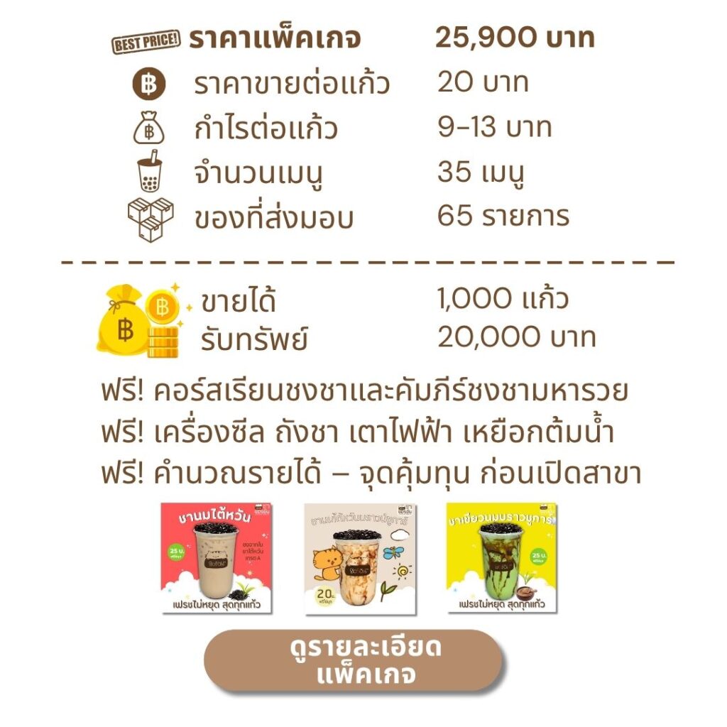 เริ่มต้นแฟรนไชส์ชานมไข่มุก 20 บาท ไม่ต้องมีประสบการณ์ก็เปิดได้ "แฟรนไชส์ชาไต้หวันแท้ เริ่มต้นแค่หลักพัน ก็เปิดร้านได้จริง"